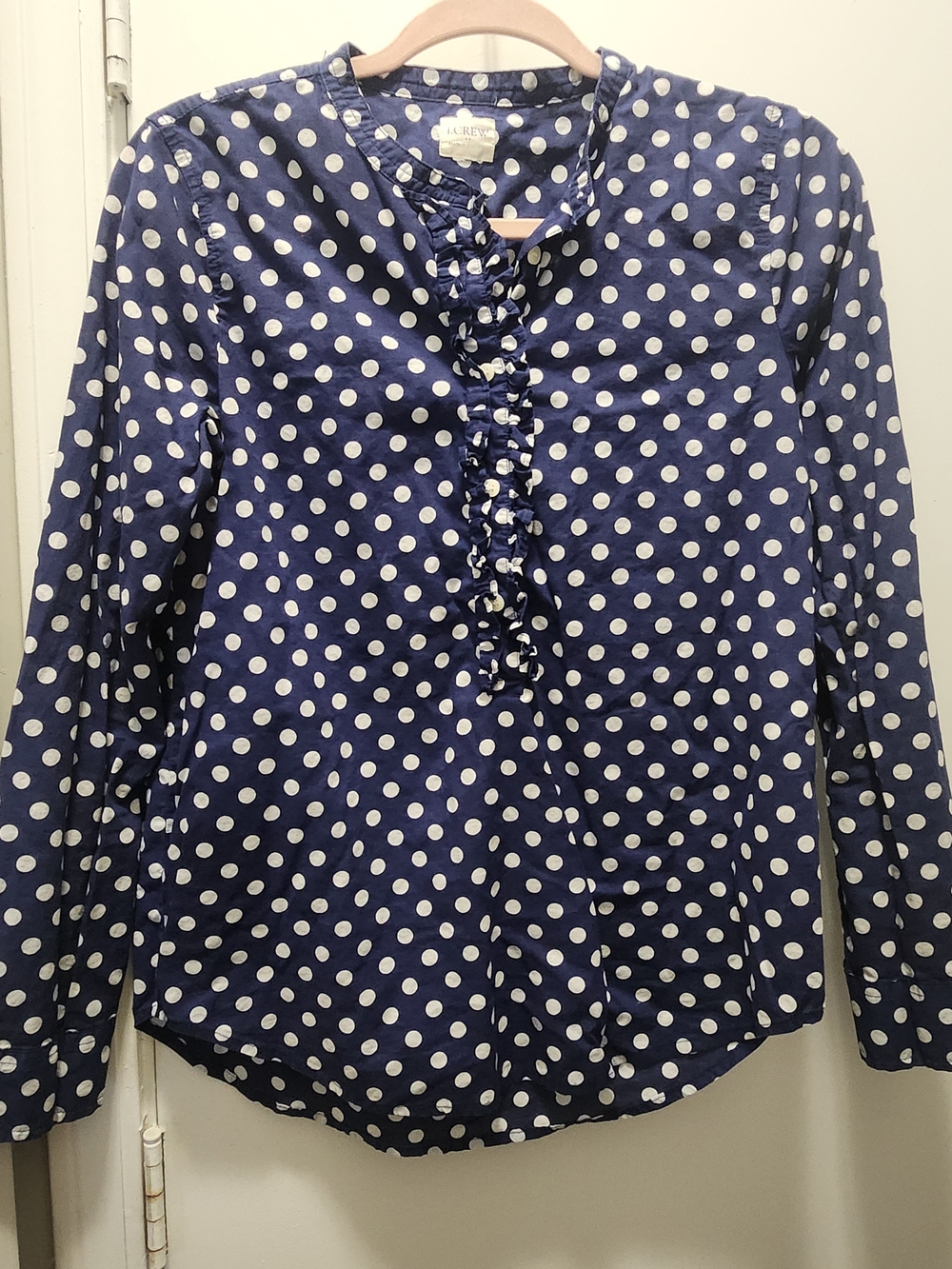 J. Crew Navy and White Polka Dot Ruffle-Front Button-Down Shirt